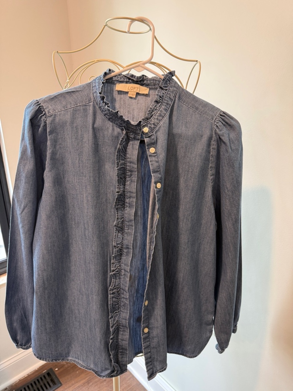 LOFT Chambray Ruffle-Trim Button Front Blouse - Blue